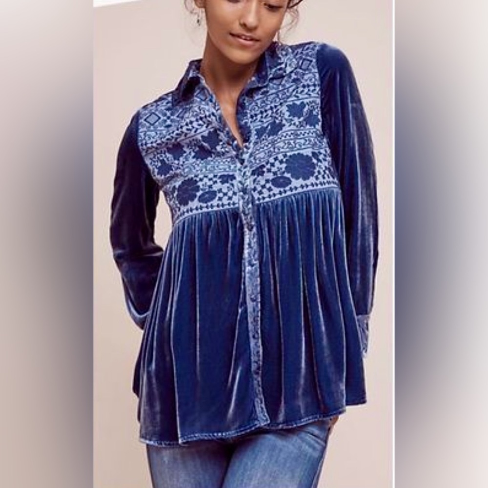 Anthropologie HD In Paris Teza Velvet Button Front Embroidered Ruffle Hem Blouse